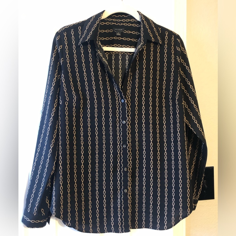 Ann Taylor Chain Print Button Front Blouse Black & Gold | Women’s Medium